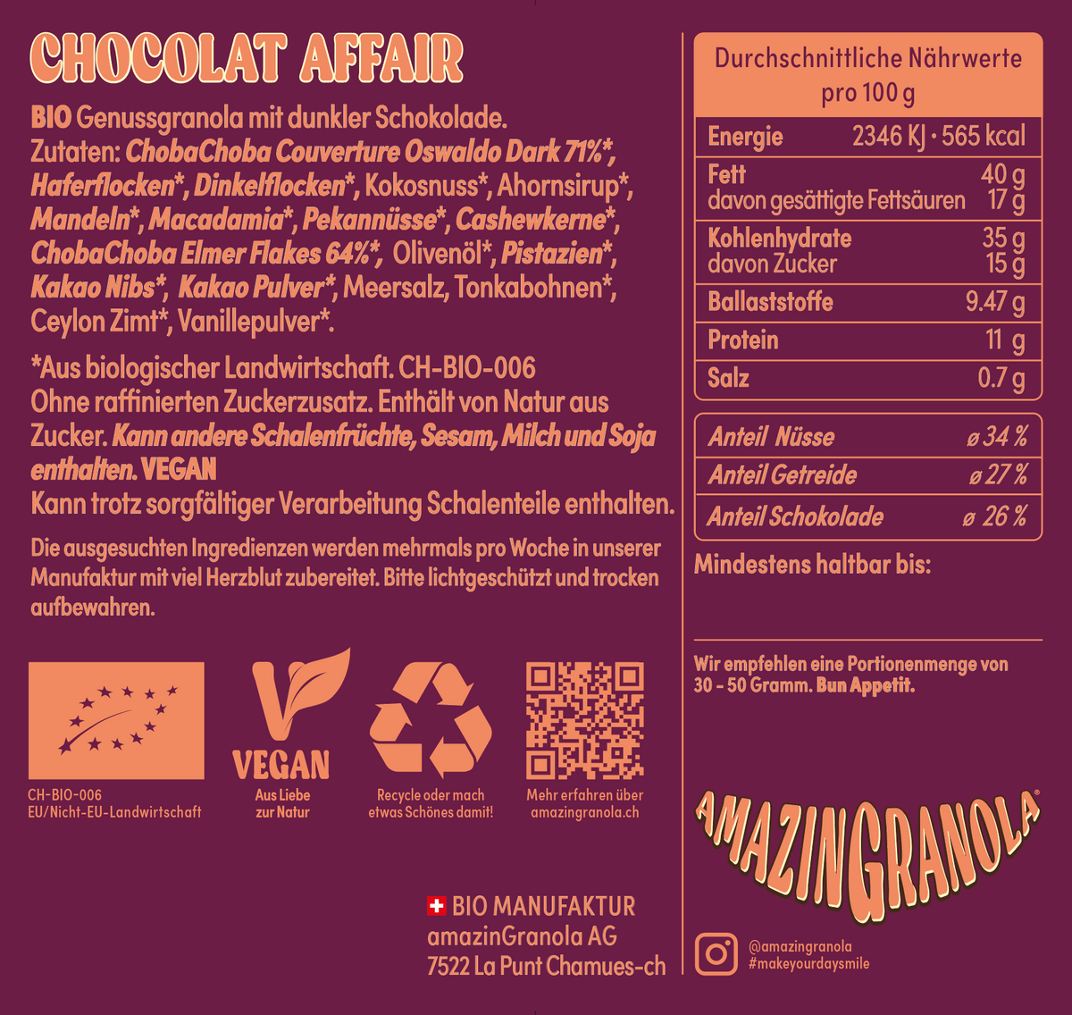 Rückseite der BIO amazinGranola Chocolat Affair XL Can mit Zutaten und Nährwerten
