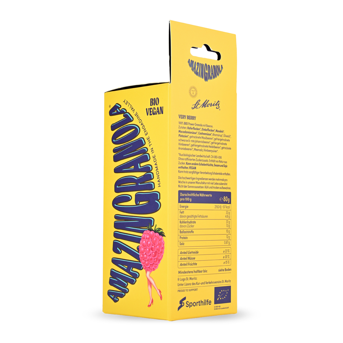Rückseite der amazinGranola Very Berry St. Moritz Edition Verpackung