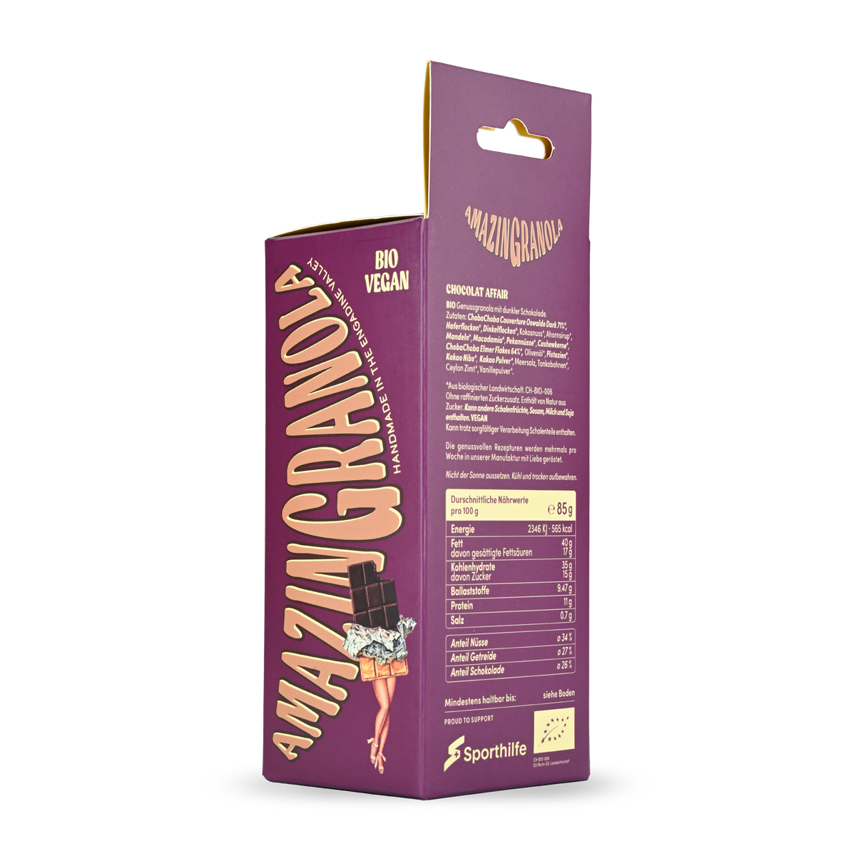 Rückseite der Chocolat Affair Verpackung mit Zutaten und Nährwerten