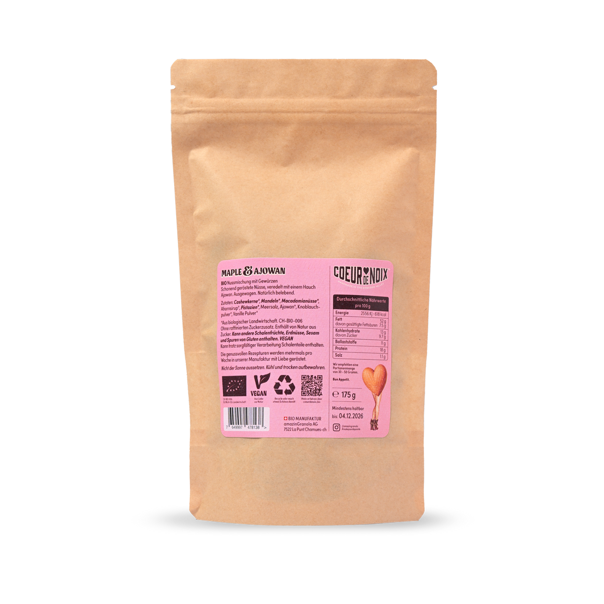 Rückseite des Coeur de Noix Maple & Ajowan Re-Load Beutels mit Zutaten und Nährwerten